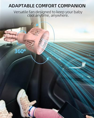 Portable Stroller Mini Fan, Small Rechargeable Personal Fan, Travel Essentials for Baby, Wagon, Car Seat, Treadmill, Battery Powered Biking Gear Accessories, 360° Rotation, 3-Speed, Display, Pink - Image 5