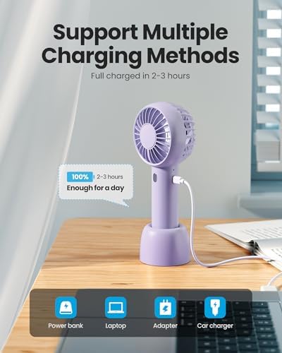 Gaiatop Mini Portable Fan, Small and Powerful, Cute Design 3 Speed Personal Handheld fan and Desktop with Base, Lightweight USB Rechargeable for Travel Lash Makeup Girl Women Summer Gift Purple - Image 6