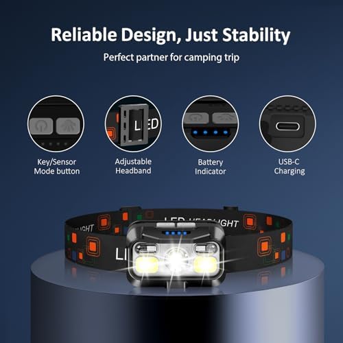 LHKNL Headlamp Rechargeable, Lumen Super Bright Motion Sensor Head Lamp Flashlight, Waterproof LED Headlight with White Red Light, 8 Mode Head Lights for Camping Cycling Running Fishing-4 Packs - Image 2