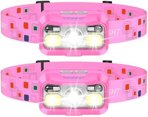 LHKNL Headlamp Rechargeable, Lumen Super Bright Motion Sensor Head Lamp Flashlight,2-Pack Waterproof LED Headlight with White Red Light,8 Modes Head Lights for Camping Cycling Running Fishing-Pink by LHKNLHOME
