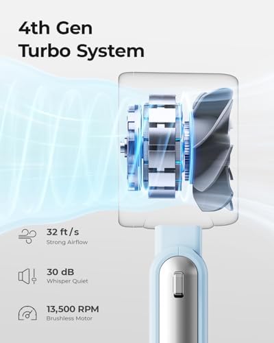 Portable Handheld Turbo Fan - 5 Gear High Speed 4000mAh Rechargeable Mini Personal Hand Fan Blow Cold Air, Battery Operated Travel Essentials, Gifts for Women, Men (Dew Drop Blue) - Image 4
