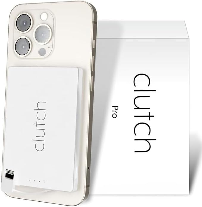 Clutch Pro – World's Thinnest iPhone Charger – Portable Power Bank 5000mAh – Magnetic Built-in Lightning Cable – TSA Approved Travel Charger – iPhone 14 & Earlier – White by ClutchCharger