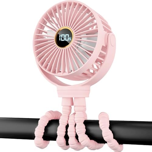 Portable Stroller Mini Fan, Small Rechargeable Personal Cooler w/ 360° Rotation, 3-Speed, Display, Battery Powered Stroller Accessories, Baby Essentials for Car Seat, Crib, Bike, Treadmill, Sakura by Buywoo