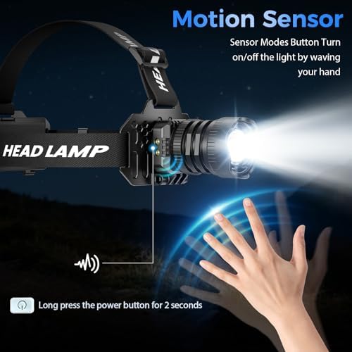 Curtsod Rechargeable LED Headlamp 2-Pack - 99000 Lumens Super Bright with Motion Sensor & 90° Rotation - Waterproof Headlight for Camping, Hiking, Running - 3 Light Modes - Image 5