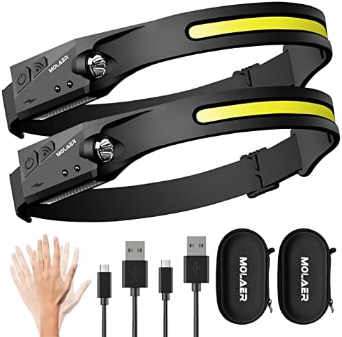 LED Headlamp Rechargeable Flashlight, 2-Pack 230° Wide Beam Headlight with Motion Sensor, Lightweight, Weatherproof, 2 Light Source Head Lamp for Camping Hiking Running Outdoor - Adults and Kids by MOLAER