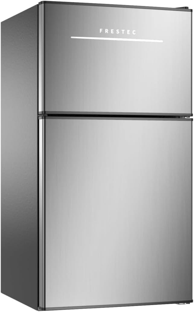 Mini Fridge with Freezer 3.2 Cu.Ft. 2 Door Refrigerator and Freezer Small Fridge for Bedroom Home Office Dorm, Small Drink Chiller, 37 dB Low Noise, Stainless Steel by Frestec
