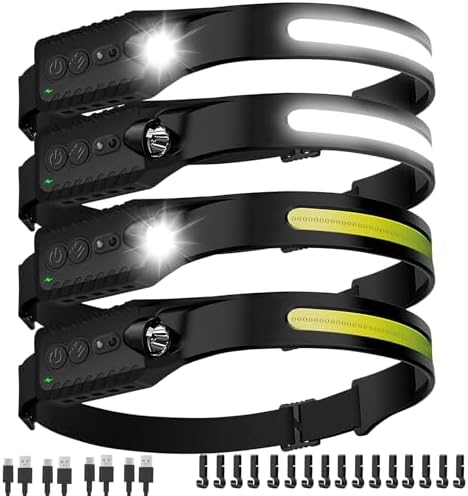Nessciera Rechargeable LED Headlamp, 400 Lumens, 230° Wide Beam, USB-C, IPX4, 5 Modes — Lightweight, Adjustable Headband; Hard Hat Clips for Camping, Hiking, Running, Repairs & Gift (4 pack, Black) by Unknown