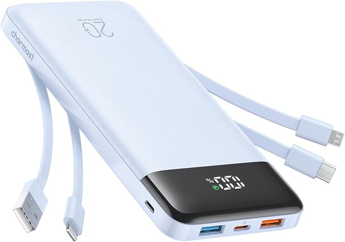 charmast 20000mAh Portable Charger with Built in Cables, 22.5W Travel Power Bank Fast Charging, USB C Cell Phone Battery Pack for iPhone 17/16/15/14/13/12 Series, iPad, Samsung, Android, Tablet by Charmast