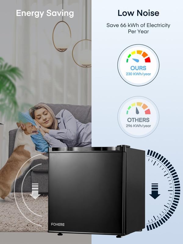 FOHERE Mini Fridge with Freezer, 1.6 Cu.ft Compact Small Drinks Refrigerator for Bedroom Single Door, Energy Saving 7-Level Adjustable Thermostat Dorm Fridge, for Apartment, Black - Image 3