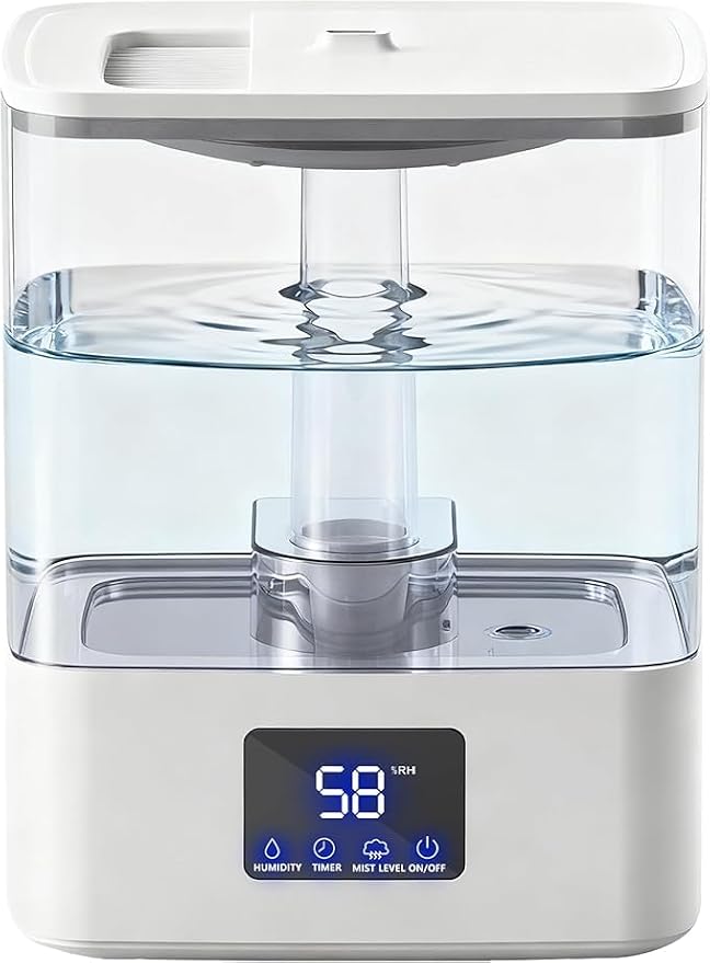 KZF 4L Top Fill Humidifiers for Bedroom & 60H Runtime - Cool Mist Humidifier, 3 Mist Levels, 8H Timer, Essential Oil Tray, Humidity Display, Quiet for Bedroom, Baby, Plants, Large Room (White, 4L) by BreathePureLiveNaturally