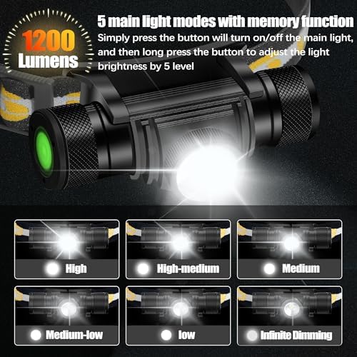 Headlamp Rechargeable, 1200 Lumen Zoomable LED Head Lamp for Adults, IP66 Waterproof Rechargeable Headlight with 9 Modes, Super Bright Head Flashlight with 2600 mAh for Outdoor Camping Hiking Running - Image 2