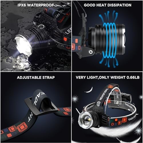 NJ FOREVER LED Rechargeable Headlamp, 3000 Lumens Super Bright Head Lamp with 5 Modes, 90°Adjustable, USB Rechargeable, Waterproof LED Headlamps for Adults Camping, Hiking, Climbing (2 Pack) - Image 6