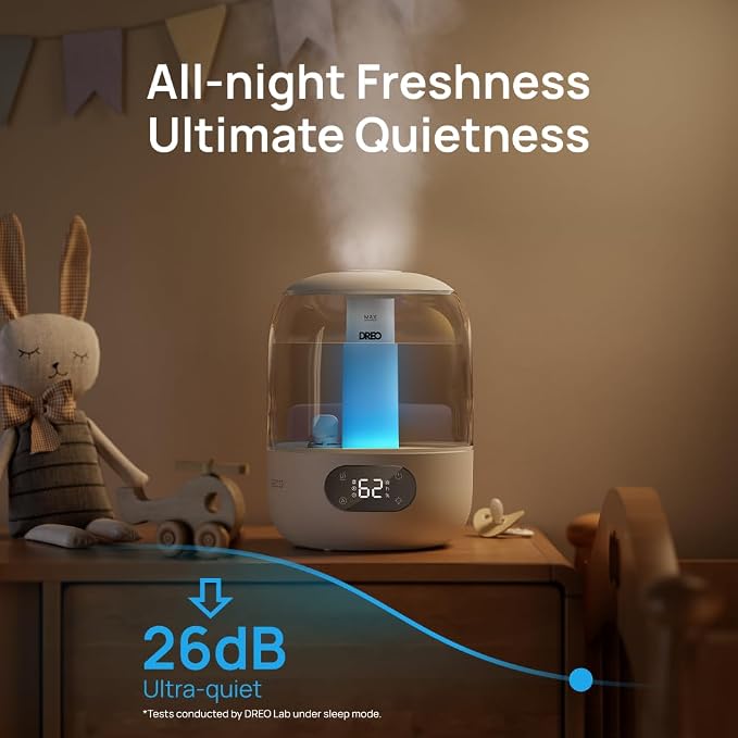 DREO Humidifiers for Bedroom, 3L Top Fill 30H & 26dB Quiet Runtime for Large Room, Cool Mist Ultrasonic Humidifier with Humidity Sensor, Night Light for Home, Baby, Nursery, Plants, New Edition - Image 3