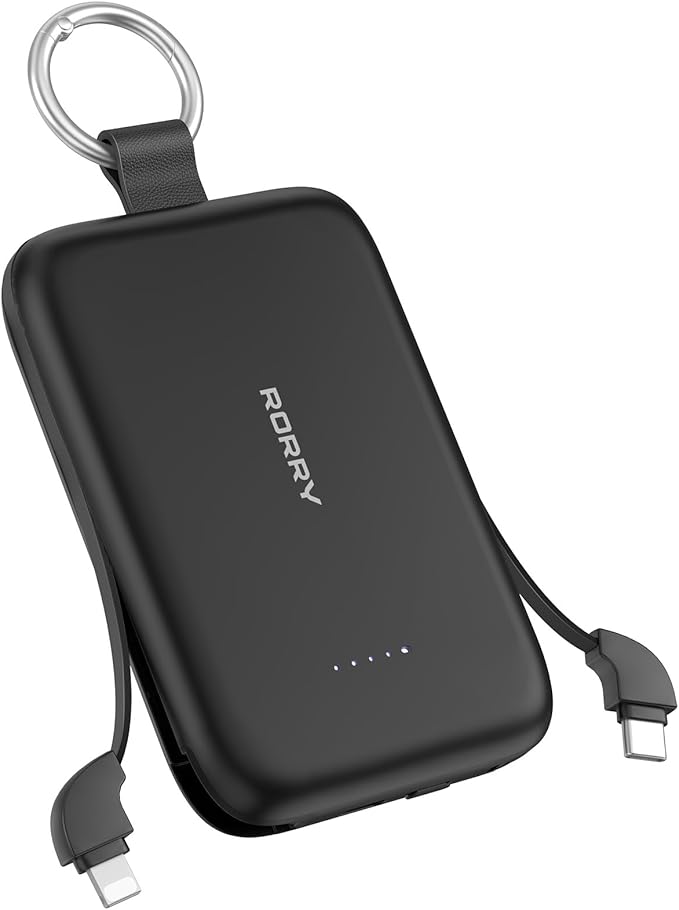 RORRY Portable Charger, 10000mAh PD 30W Fast Charging Portable Charger Power Bank with Built-in Cables, Travel Keychain Charger Battery Pack for iPhone 17/16/15/14/13/12, for AirPods 2/3/4/Pro, Black by RORRY