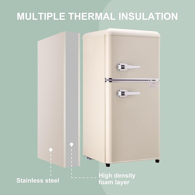 Mini Fridge with Freezer, 3.2 Cu.Ft Retro Double Door Refrigerator with 7 Level Thermostat, Adjustable Removable Glass Shelves for Bedroom Office Apartment Dorm Bar (CREAM, 3.2 Cu.Ft.) - Image 5