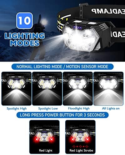 2000LM Ultra Bright 9 LED Headlamp, 2 Pack USB C Rechargeable Headlights, 10 Modes, Motion Sensor, Waterproof Head Lamp Flashlight with Red Light, Adjustable Headband for Adults Camping - Image 3