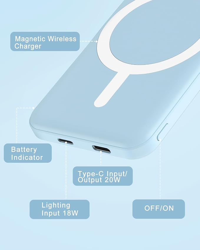 podoru for Magsafe Battery Pack, 5000mAh Magnetic Power Bank with Type-C Cable 20W PD Fast Charging Lighting Input Wireless Portable Charger for iPhone 17/16/15/14/13/12/ All Series-Sierra Blue - Image 6