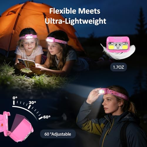 LHKNL Headlamp Rechargeable, Lumen Super Bright Motion Sensor Head Lamp Flashlight,2-Pack Waterproof LED Headlight with White Red Light,8 Modes Head Lights for Camping Cycling Running Fishing-Pink - Image 5
