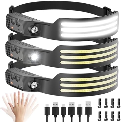Headlamp Rechargeable 3PCS, Motion Sensor 230° COB Head Lamp, Headlights for Forehead, Hard hat Light for Adults, LED Headband Flashlight for Work, Hiking, Running, Camping Essentials Gear by Unknown