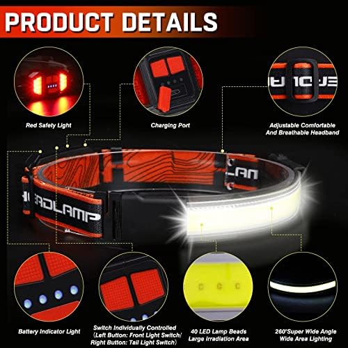 Rechargeable Headlamp,Super Bright 1500 Lumens 6 Modes Head Lamp Led Rechargeable with Tail Red Light,Wide Beam Led Headlamp Waterproof for Adults Outdoor Camping Hiking Hunting Accessories - Image 6
