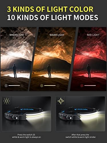 Smiling Shark LED Headlamp, 230°Wide Angle 3*Multi-Color Light Strips The Brightest Head Lamp Rechargeable with Motion Sensor Waterproof Headlight for Camping Hiking Outdoor, Head-Lamp-LED-Hat-Light - Image 3