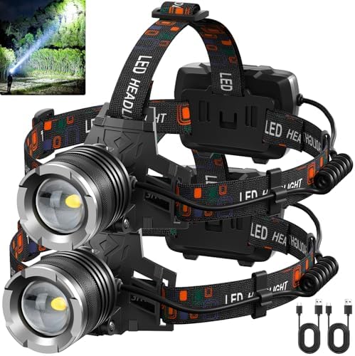 NJ FOREVER LED Rechargeable Headlamp, 3000 Lumens Super Bright Head Lamp with 5 Modes, 90°Adjustable, USB Rechargeable, Waterproof LED Headlamps for Adults Camping, Hiking, Climbing (2 Pack) by NJFOREVER