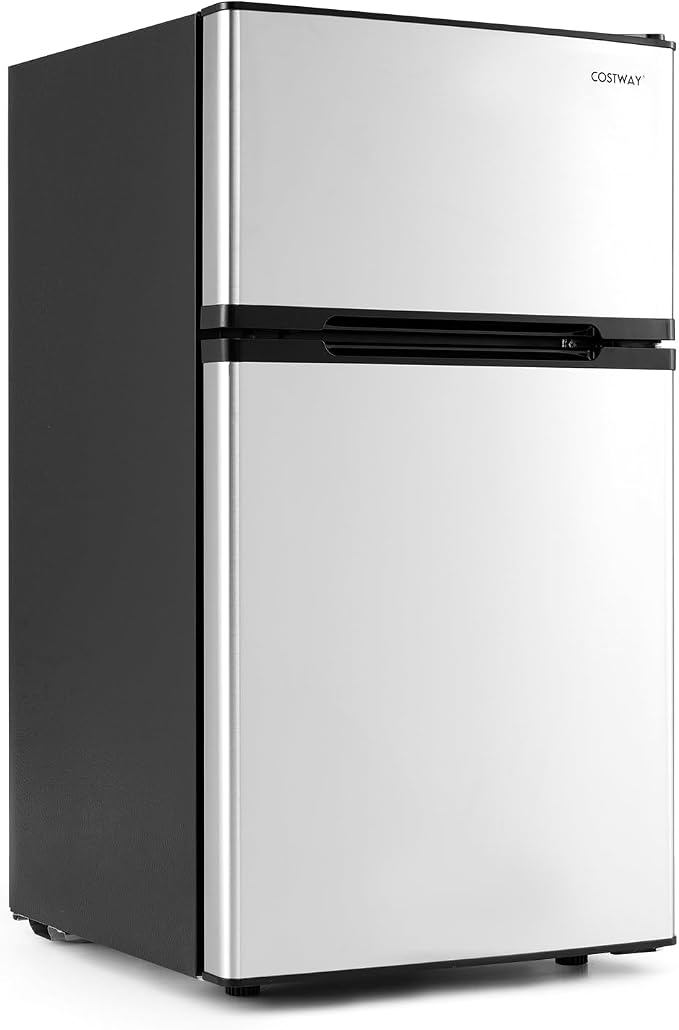 COSTWAY 3.2 Cu.Ft. Mini Fridge with Freezer, 2 Door for Office Bedroom Dorm | Compact Small Refrigerator with Reversible 2 Door, Adjustable Thermostat, Removable Glass Shelves for Food & Drink, Silver by COSTWAY