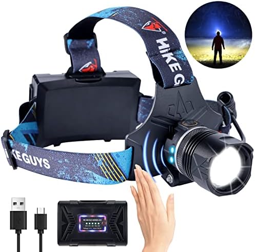 LED Rechargeable Headlamp, Headlight 1500 Lumens Super Bright with 6 Modes & IPX5 Warning Light, Motion Sensor Adjustable Headband Head Lamp, 60° Adjustable for Adult Outdoor Camping Running Cycling by Ndeplis