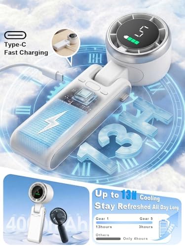 Portable Handheld Turbo Fan, 5 Gear Wind, Battery Operated, Up to 13 Working Hours Rechargeable Fan, 3 IN 1 Hand Fans with Air Turbo Tech Cooling Fan for for Travel, Beach, Outdoor - White - Image 5