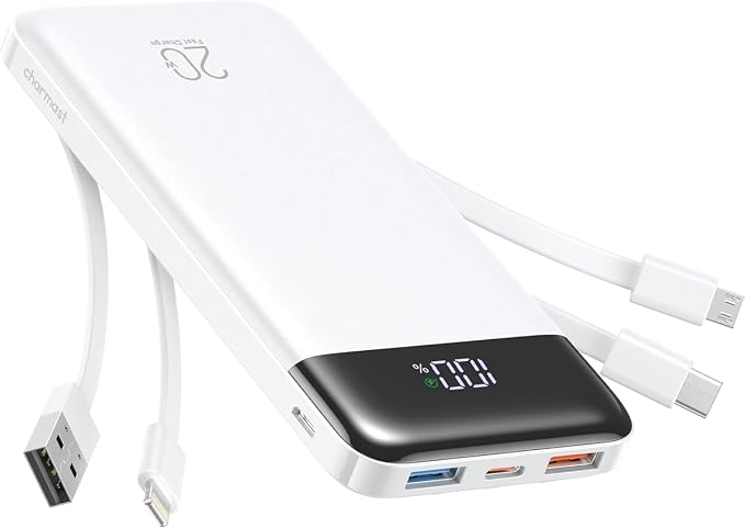 charmast 20000mAh Portable Charger with Built in Cables, 22.5W Travel Power Bank Fast Charging, USB C Cell Phone Battery Pack for iPhone 16/15/14/13/12/11 Series, iPad, Samsung, Android, Tablet by Charmast