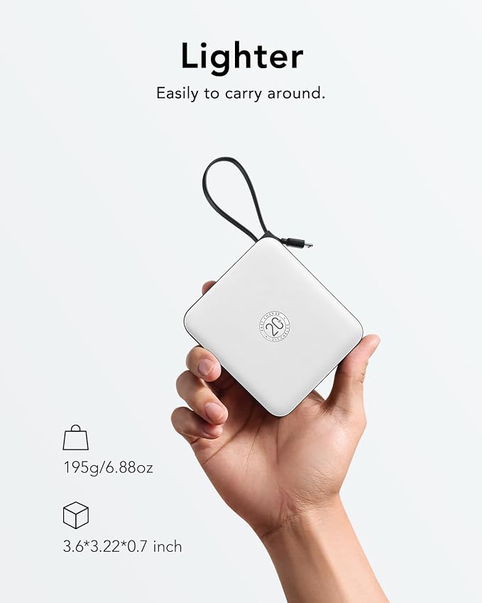 VRURC Battery Pack Charger Portable 10000mAh, 22.5W Power Bank Fast Charging with Built-in Cable, Cell Phone Power Bank for iPhone 17 16 15 & Early Series (White) - Image 4