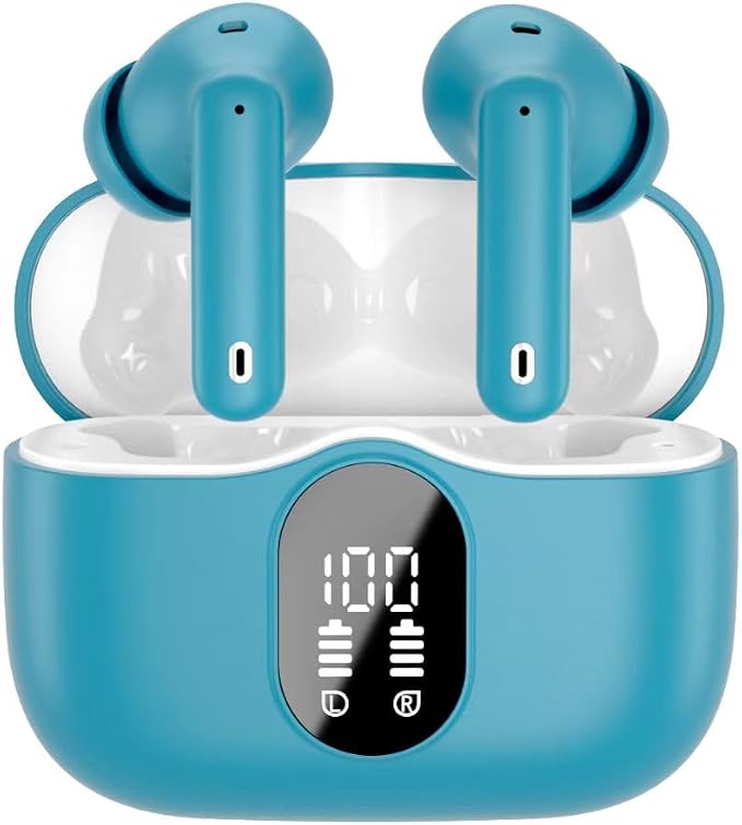 Wireless Earbuds, Bluetooth 5.4 Headphones Bass Stereo/ENC Mic, Ice Blue | Ear Buds with Noise Cancelling Mic LED Display, 36H, IP7 Waterproof in Ear Earphones for Laptop Pad Phones Sports Workout by Btootos