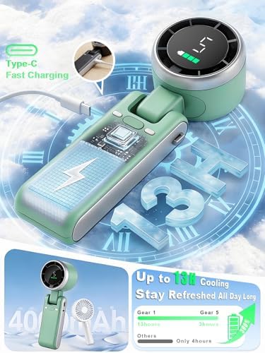 Portable Handheld Turbo Fan, 5 Gear Wind, Battery Operated, Up to 13 Working Hours Rechargeable Fan, 3 IN 1 Hand Fans with Air Turbo Tech Cooling Fan for for Travel, Beach, Outdoor - Green - Image 5