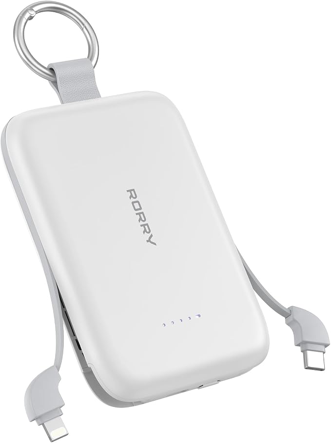 RORRY Portable Charger, 10000mAh PD 30W Fast Charging Portable Charger Power Bank with Built-in Cables, Travel Keychain Charger Battery Pack for iPhone 17/16/15/14/13/12, for AirPods 2/3/4/Pro, White by RORRY