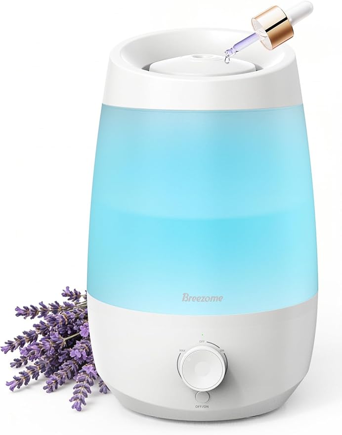 BREEZOME 2.5L Top Fill Humidifiers for Bedroom, 250ml/h Mist Output, 25hrs Humidifiers for Home, 7 Adjustable LED, Essential Oil Diffuser, 25dB Ultrasonic Humidifier for Baby and Indoor Plants, White by BREEZOME