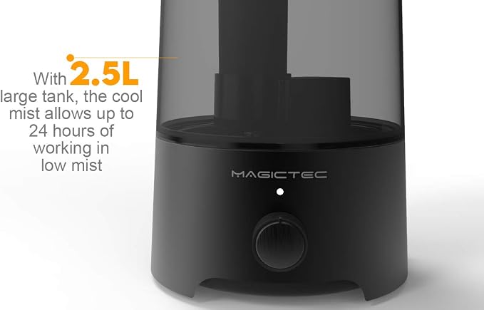 Magictec Cool Mist Humidifier, 2.5L Essential Diffuser for Bedroom and Baby, Adjustable Mist Output, Auto Shut Off, Super Quiet 360 Nozzle - Lasts Up to 24 Hours, Black - Image 3