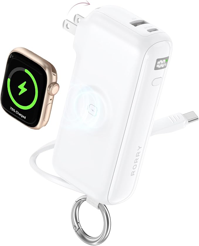 RORRY Flow Portable Charger, 10000mAh 40W Fast Charging Power Bank with Built-in USB C Cable and Foldable Wall Plug, Battery Pack Travel Essentials for iPhone 17/16/15, Apple Watch, iPad, MacBook by RORRY