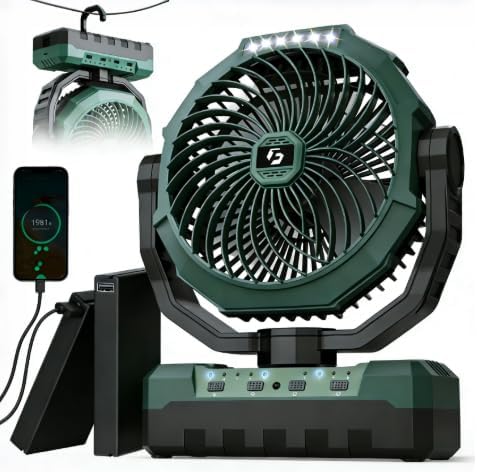 36000mAh Portable Camping Fan - 120HRS Rechargeable Fan with Detachable Battery with LED - 4 Speeds Battery Powered for Tent,Travel, Office, Jobsite, Green by KorbotBestCoolingForYou