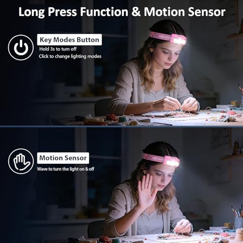 LHKNL Headlamp Rechargeable, Lumen Super Bright Motion Sensor Head Lamp Flashlight,2-Pack Waterproof LED Headlight with White Red Light,8 Modes Head Lights for Camping Cycling Running Fishing-Pink - Image 3