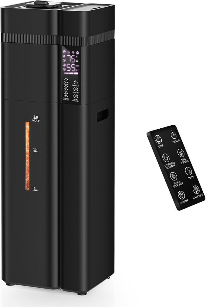 13L/3.4Gal Humidifiers for Bedroom, Ultrasonic Warm & Cool Mist Humidifier Large Room, Covers 800ft², 72H Runtime, 24H Timer, 3 Mist Modes Top Fill Quiet Humidifiers for Home, Office, Black by Zeova