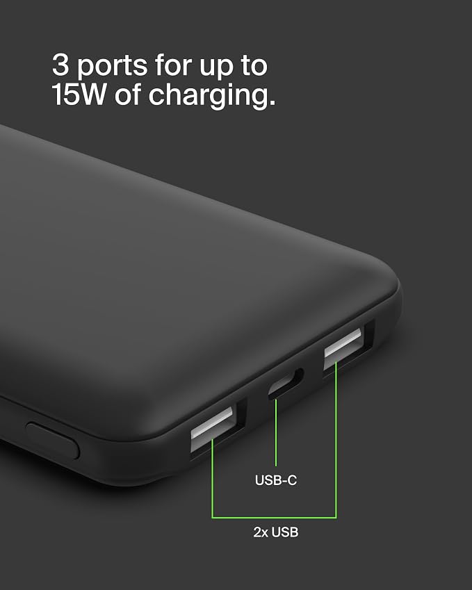 Belkin Portable Charger - 15W 3 Port Power Bank Battery Pack with 10000mAh Battery - Fast Charging for iPhone, Samsung Phone, More - USB C to A Cable Included - Image 9