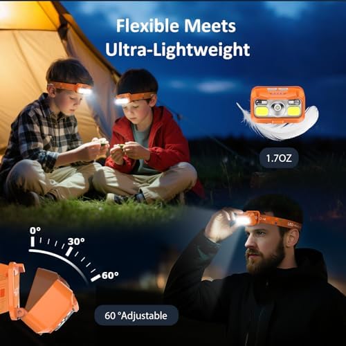 LHKNL Headlamp Rechargeable, Lumen Super Bright Motion Sensor Head Lamp Flashlight,2-Pack Waterproof LED Headlight with White Red Light,8 Modes Head Lights for Camping Cycling Running Fishing-Orange - Image 5