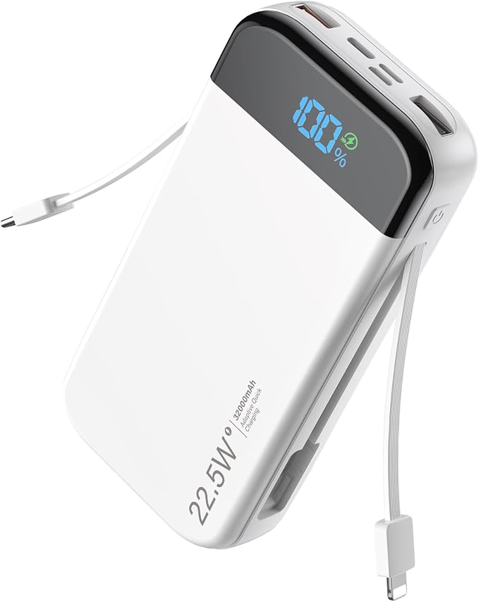Portable Charger Power Bank 32000mAh with Built in Cables, PD3.0 USB C Fast Phone Charger, 5 Outputs LCD Display Travel Battery Pack Compatible with iPhone, Samsung All Cell Phones (White) by LENGSUM