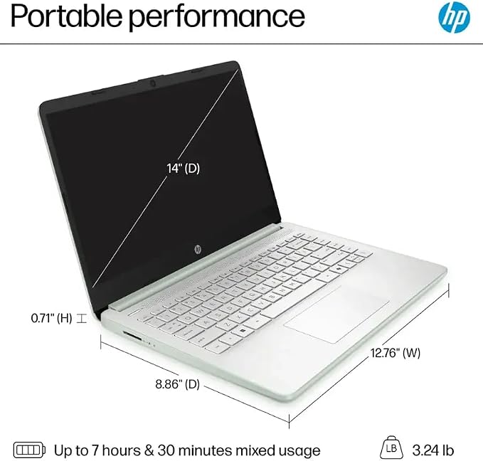 HP 14" Business Laptop Computer with Microsoft Office 365, 4-Core Intel Processor, 128GB Storage, 4GB RAM, Windows 11, SageNova Earphones, Willow Green - Image 6