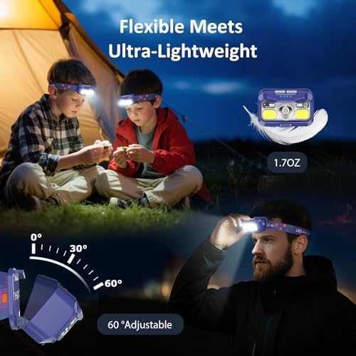 LHKNL Headlamp Rechargeable, Lumen Super Bright Motion Sensor Head Lamp Flashlight,2-Pack Waterproof LED Headlight with White Red Light,8 Modes Head Lights for Camping Cycling Running Fishing-Blue - Image 5