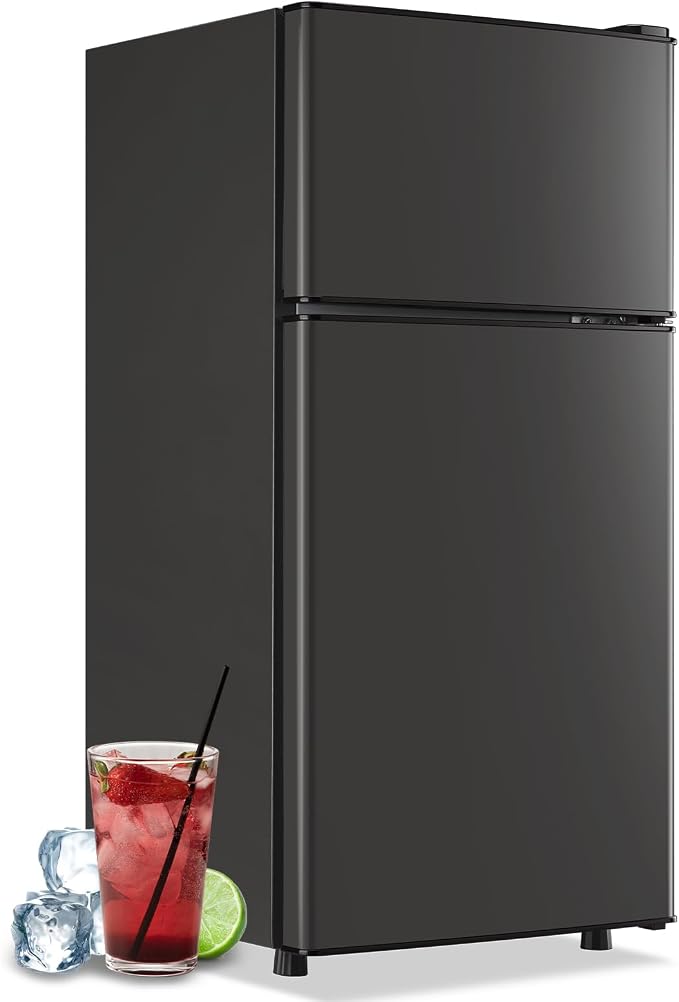 Mini Fridge with Top Freezer Apartment Size Dual Door Compact Small Refrigerator for Personal Use Small Mini Fridge with Egg tray, 7 Temperature Control For Dorm, Apatmet, Dark Grey by DEMULLER