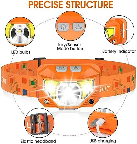 LHKNL Headlamp Flashlight, Lumen Bright Head Lamps LED Rechargeable-Orange - Image 2