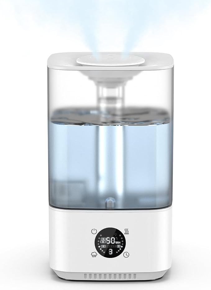 6L Humidifier for Bedroom Large Room Home, 800ft² Wide Coverage, 26dB Quiet,Easy Top Fill, Quickly & Evenly Humidify, Real-Time Humidity Monitoring and Anti-dry Burn, White by PKBD