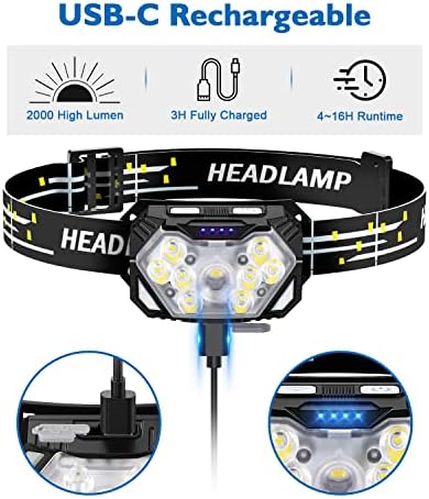 2000LM Ultra Bright 9 LED Headlamp, 2 Pack USB C Rechargeable Headlights, 10 Modes, Motion Sensor, Waterproof Head Lamp Flashlight with Red Light, Adjustable Headband for Adults Camping - Image 5