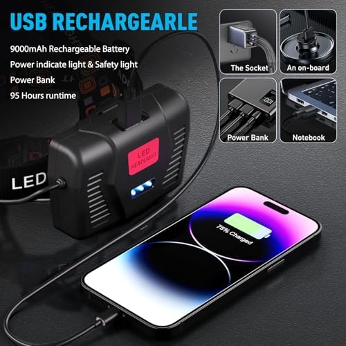 AMAKER LED Headlamp Rechargeable 99000 High Lux, Head Lamp with 12 Modes, IPX7 Waterproof USB Rechargeable Headlight, Zoomable Headlamp for Adults, 90° Adjustable for Camping Hunting - Image 4